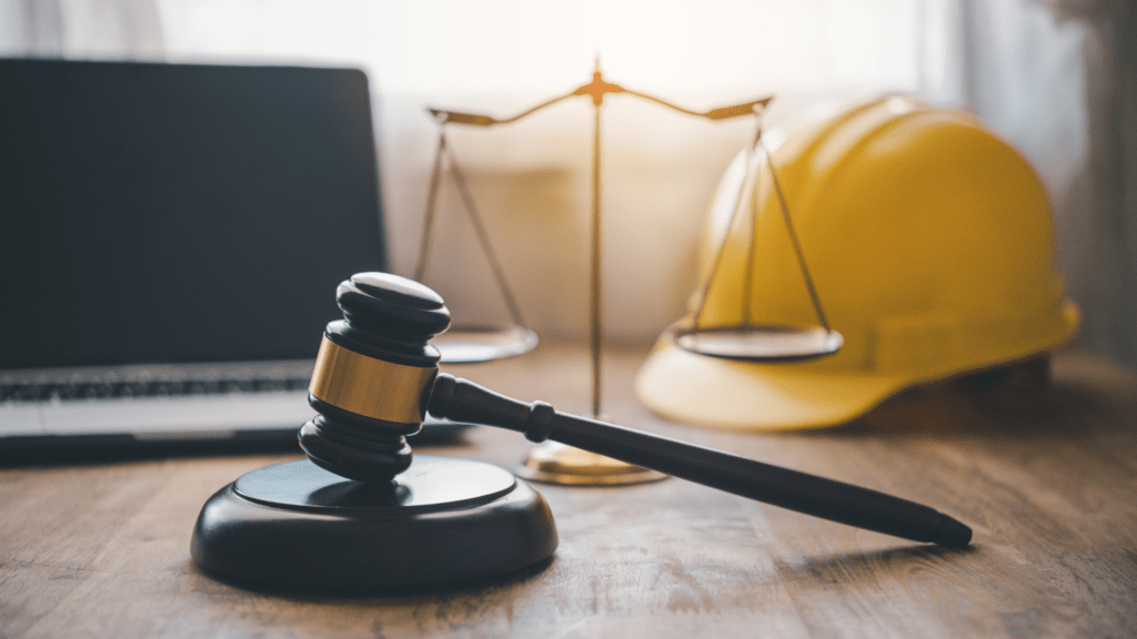 a gavel and a hard hat on a desk with a laptop representing a workers' compensation trial